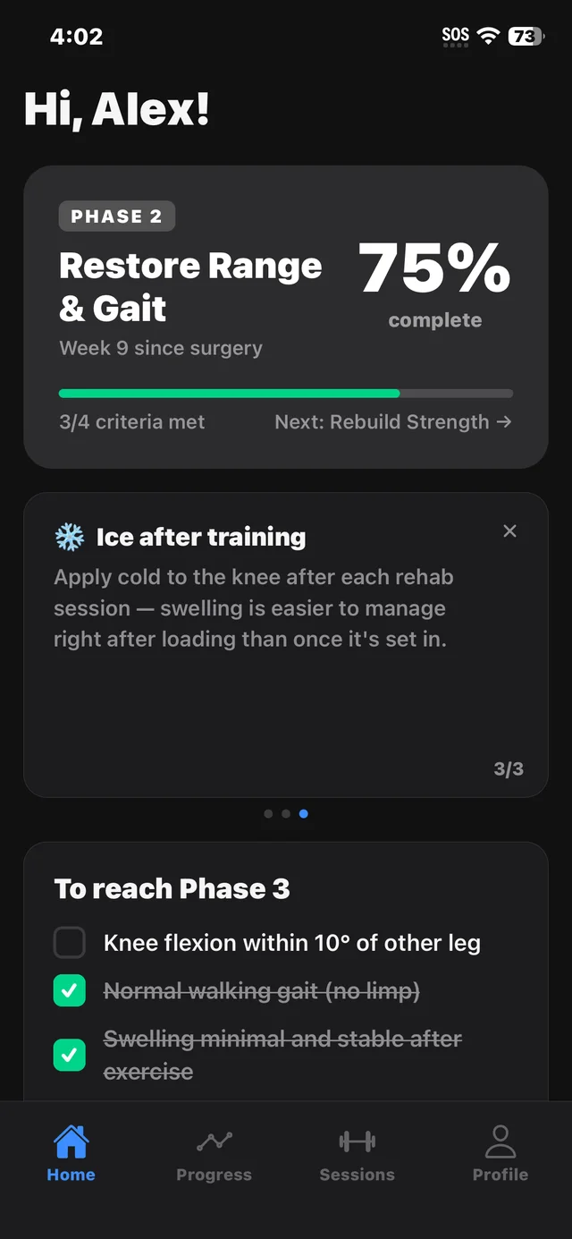 ACL Strong home screen in Phase 2, 75% complete, with 3 of 4 criteria met