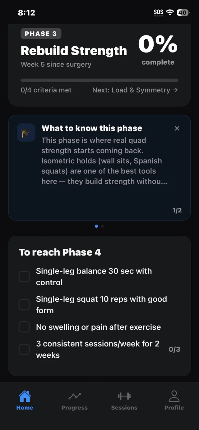 ACL Strong home screen in Phase 3, Rebuild Strength