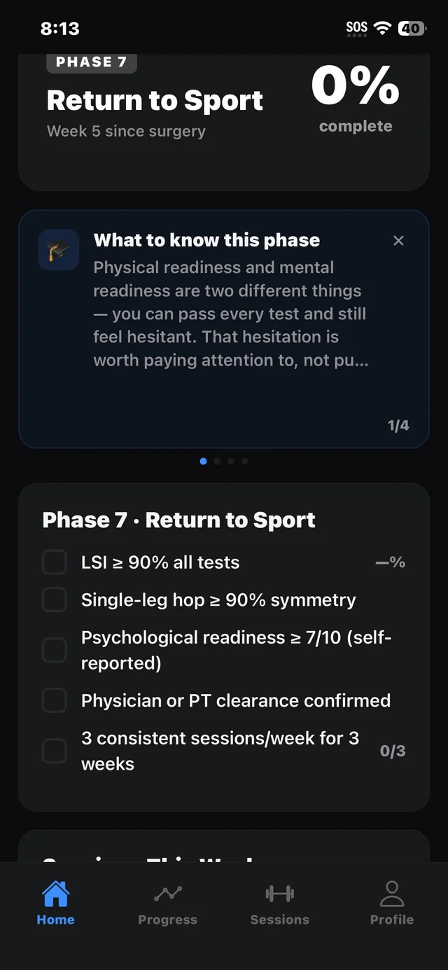 ACL Strong home screen in Phase 7, Return to Sport