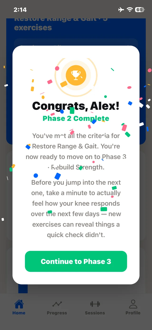 Congratulations screen: Phase 2 complete, continue to Phase 3