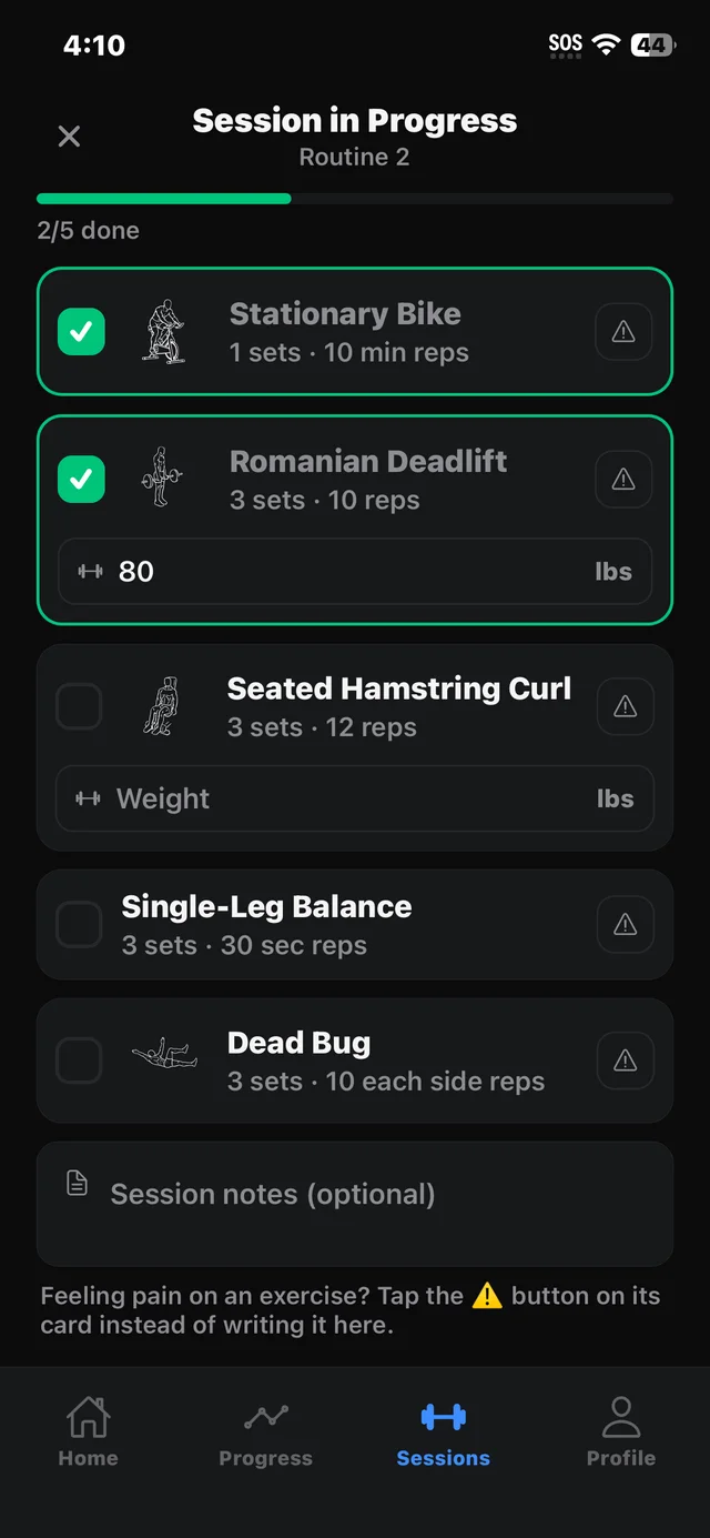 A session in progress with exercises checked off and weight logged